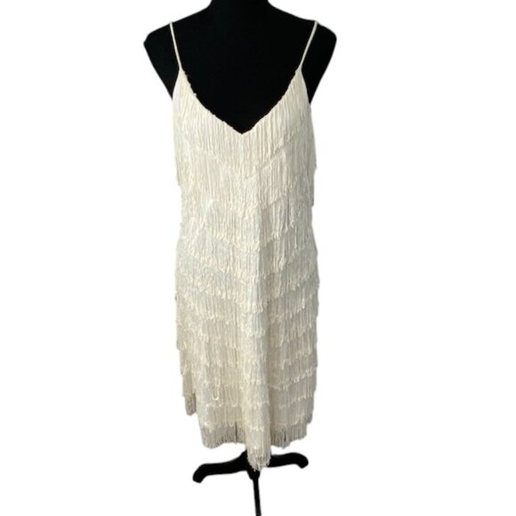 VINTAGE 70s Joy Stevens Ivory Fringe Flapper Gatsby Dress Sz 12 - Picture 1 of 12